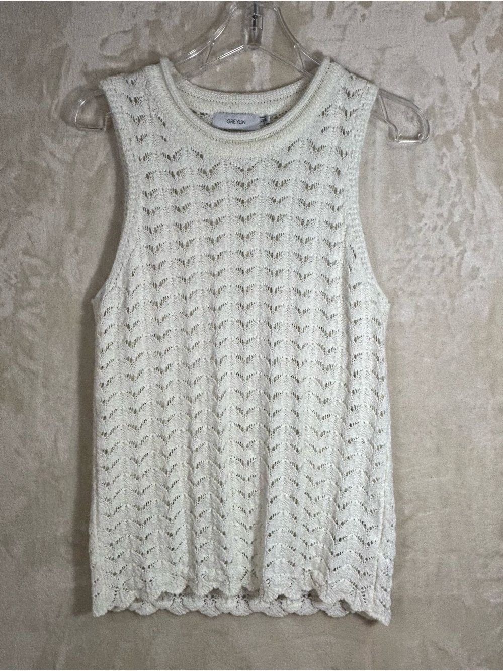 Greylin Gigi Cream Crochet Open Knit Tank Top Scalloped Hem Detail Size